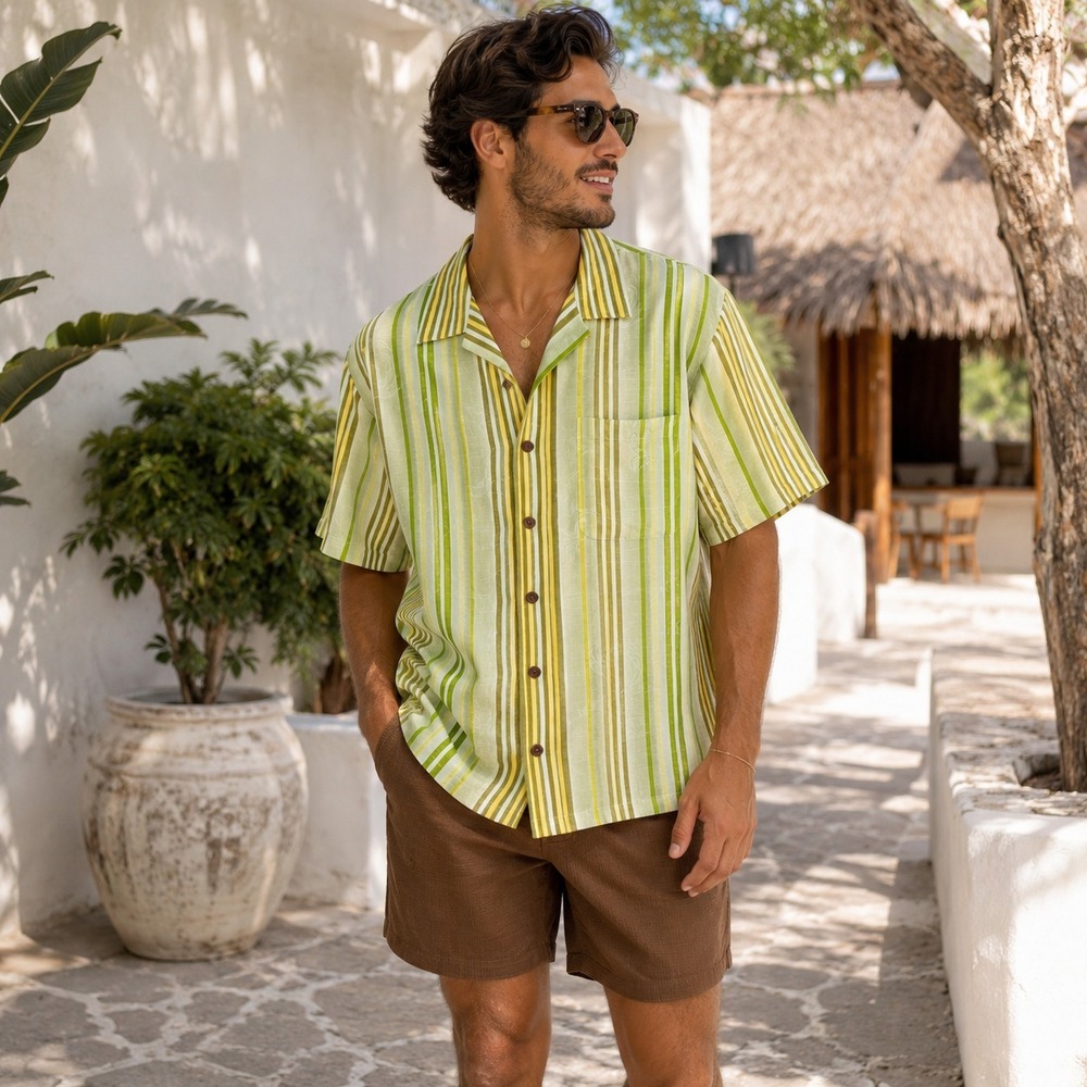 Tommy Bahama 100% Silk Camp Shirt Large Green Striped Crab Shrimp 70's Inspired